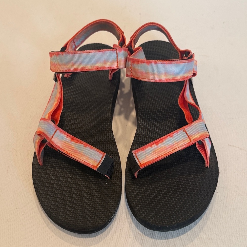 Teva Women's Sandals Coral Tie-Dye Straps on Black Footbed